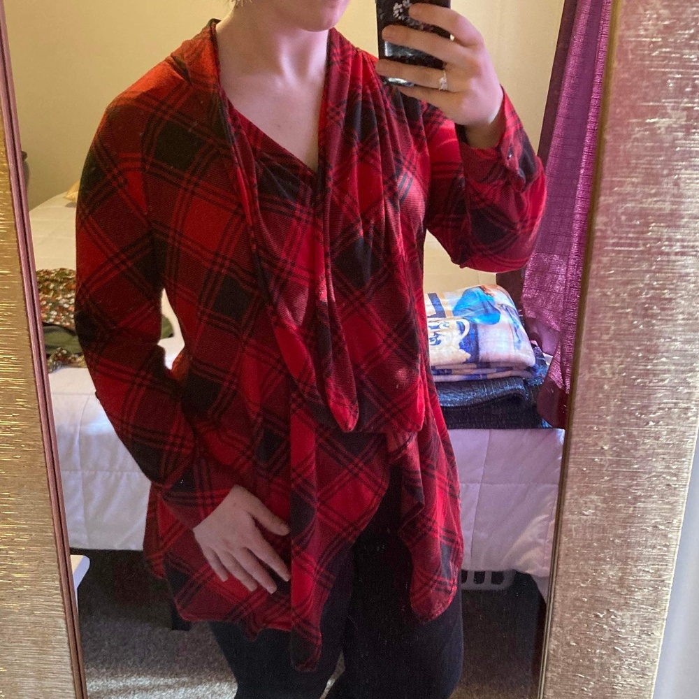 Red Plaid Waterfall Collar Cardigan